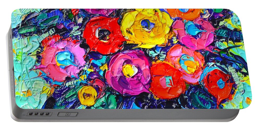 Abstract Portable Battery Charger featuring the painting Abstract Colorful Wild Roses Modern Impressionist Palette Knife Oil Painting By Ana Maria Edulescu by Ana Maria Edulescu