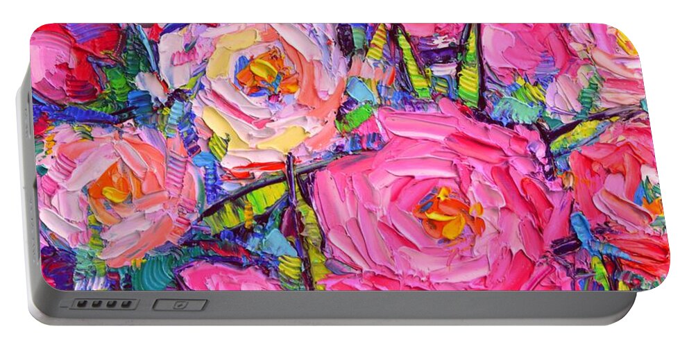 Peonies Portable Battery Charger featuring the painting ABSTRACT PINK PEONIES modern textural impressionist impasto knife oil painting by Ana Maria Edulescu by Ana Maria Edulescu