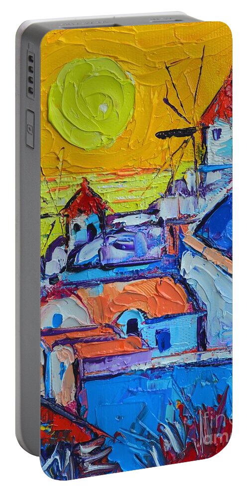 Santorini Portable Battery Charger featuring the painting Abstract Santorini Sunset Oia Windmills by Ana Maria Edulescu