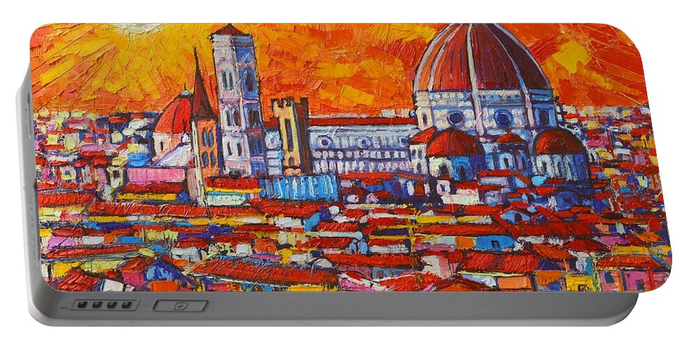 Italy Portable Battery Charger featuring the painting Abstract Sunset Over Duomo In Florence Italy by Ana Maria Edulescu