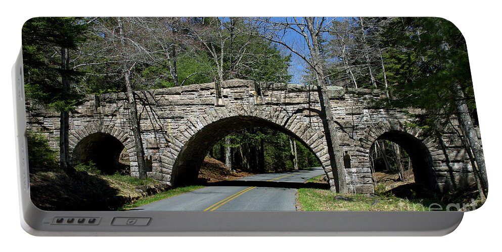 Scenic Tours Portable Battery Charger featuring the photograph Acadia Stone Bridge by Skip Willits