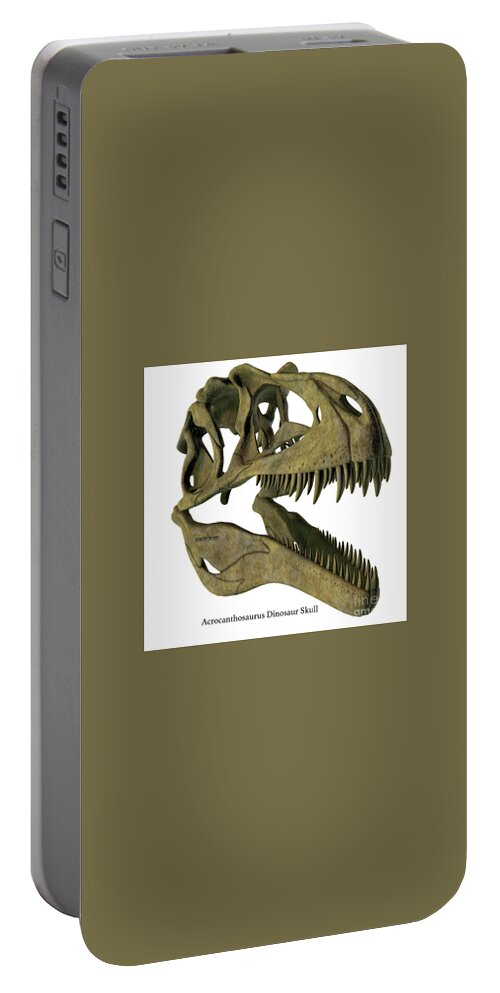 Acrocanthosaurus Portable Battery Charger featuring the digital art Acrocanthosaurus Skull with Font by Corey Ford