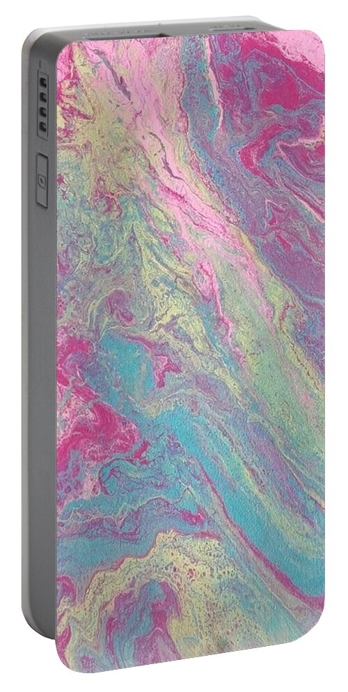 #acrylicditypour #abstractacrylics #abstractartwork #colorfulartwork #abstractartforsale #camvasartprints #originalartforsale #abstractartpaintings Portable Battery Charger featuring the painting Acrylic Dirty Pour with pinks aquas and yellow by Cynthia Silverman