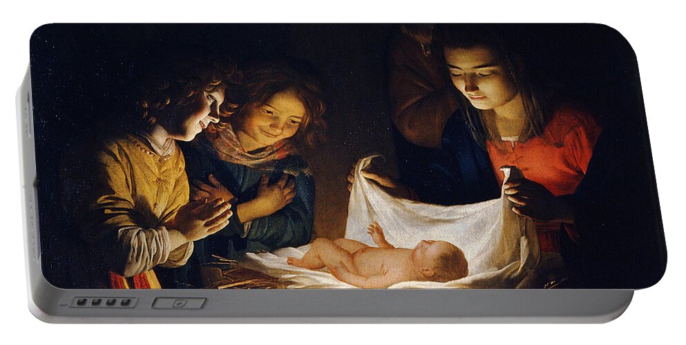 Gerrit Van Honthorst Portable Battery Charger featuring the painting Adoration of the Child by Gerrit van Honthorst