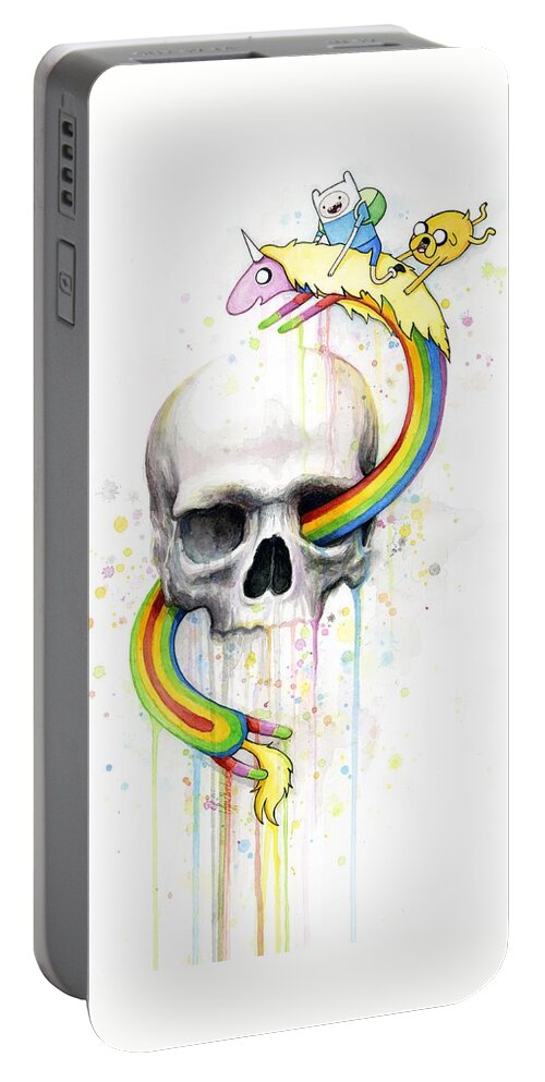 Adventure Portable Battery Charger featuring the painting Adventure Time Skull Jake Finn Lady Rainicorn Watercolor by Olga Shvartsur