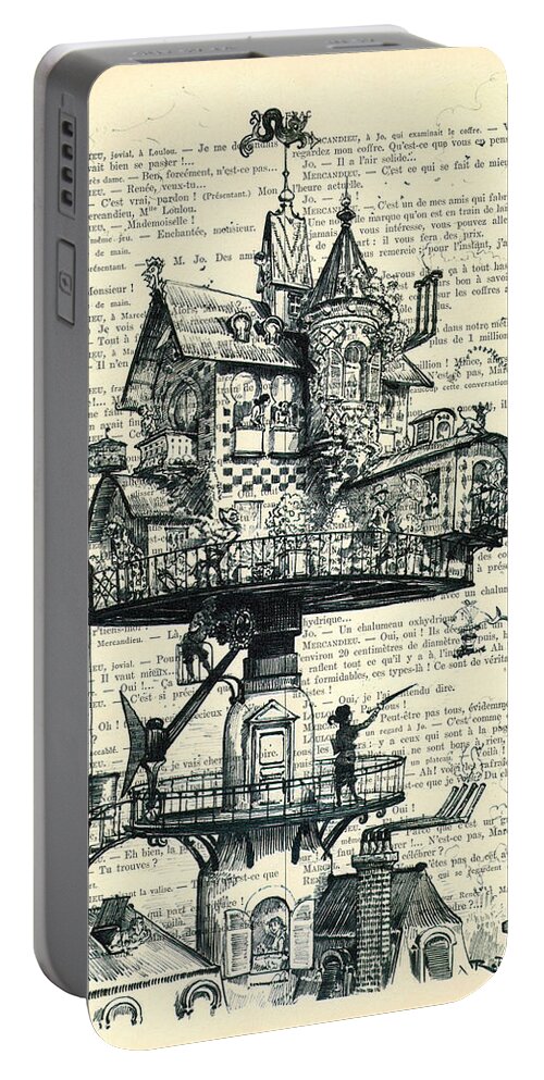 Aerial House Framed Prints Portable Battery Charger featuring the digital art Aerial house black and white antique illustration by Madame Memento