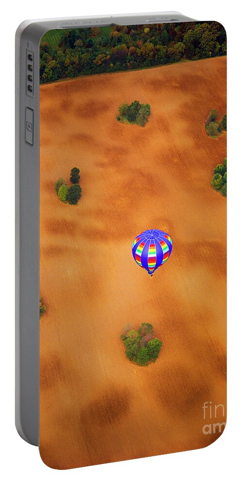  Aerial Portable Battery Charger featuring the photograph Aerial of Hot Air Balloon above tilled field fall by Tom Jelen