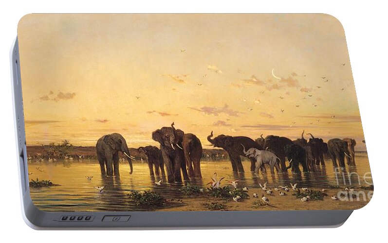 African Elephants (oil On Canvas) By Charles Emile De Tournemine (1812-72) Portable Battery Charger featuring the painting African Elephants by Charles Emile de Tournemine