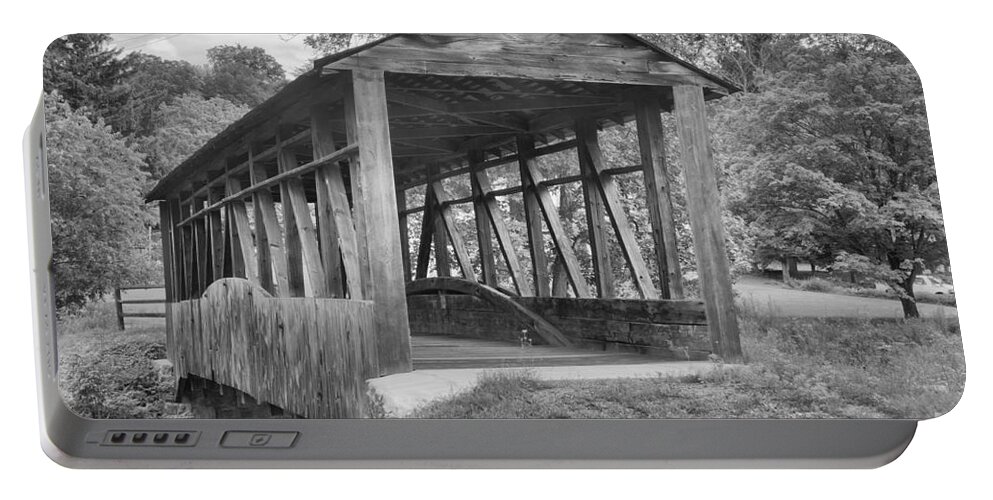 Cuppetts Covered Bridge Portable Battery Charger featuring the photograph After The Rain At Cuppett's Covered Bridge Black And White by Adam Jewell