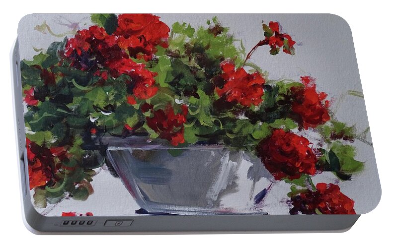 Geraniums Portable Battery Charger featuring the painting Afternoon Geraniums by Sandra Strohschein