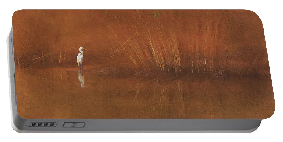 Egret Portable Battery Charger featuring the painting Egret by Attila Meszlenyi