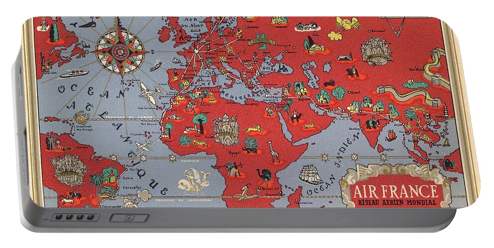 Air France Portable Battery Charger featuring the mixed media Air France - Vintage Illustrated Map of the World by Lucien Boucher - Cartography by Studio Grafiikka