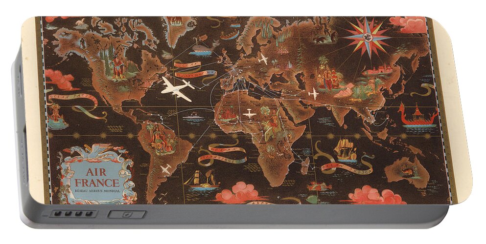 Air France Portable Battery Charger featuring the mixed media Air France - Vintage Illustrated map of the World - Lucien Boucher - Cartography by Studio Grafiikka