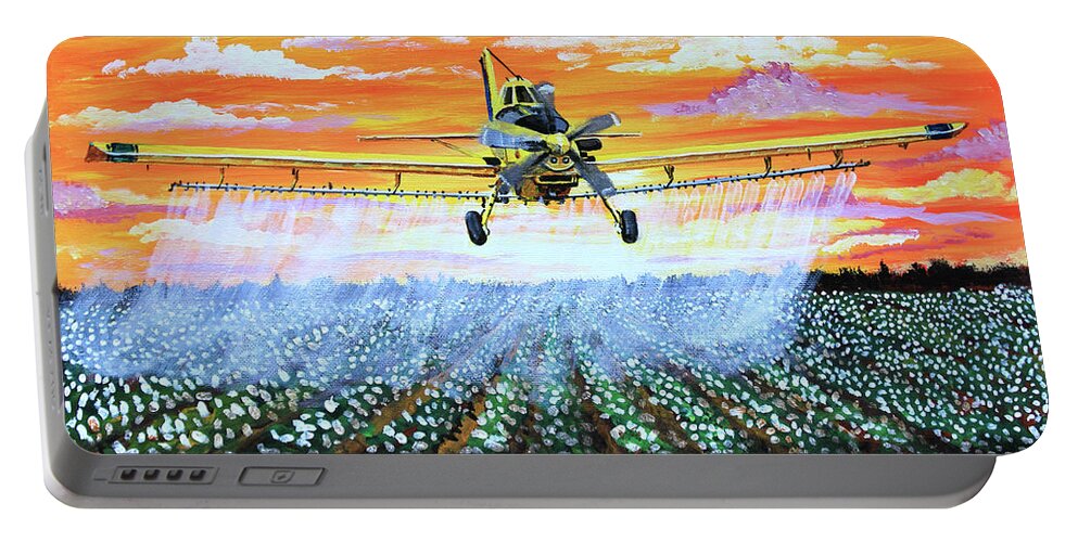 Air Tractor Portable Battery Charger featuring the painting Air Tractor at Sunset Over Cotton by Karl Wagner