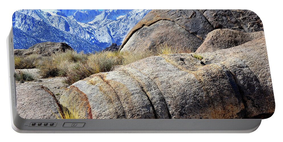 Alabama Hills Portable Battery Charger featuring the photograph Alabama Hills Boulders and Mt. Whitney by Ray Mathis
