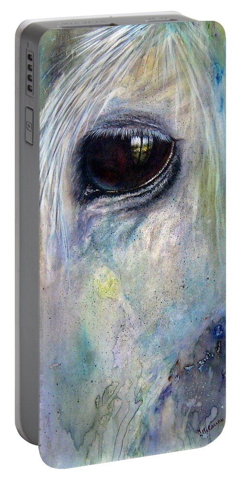 Horse Portable Battery Charger featuring the painting Alex-Reflecting Behind Stall Bars by Mary McCullah