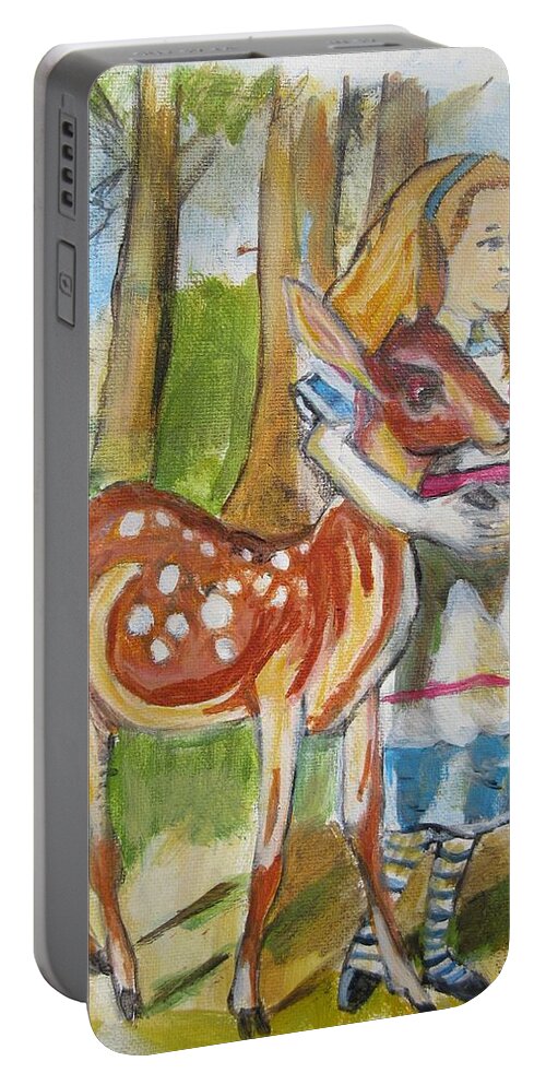 Woods Portable Battery Charger featuring the painting Alice and the Deer by Denice Palanuk Wilson