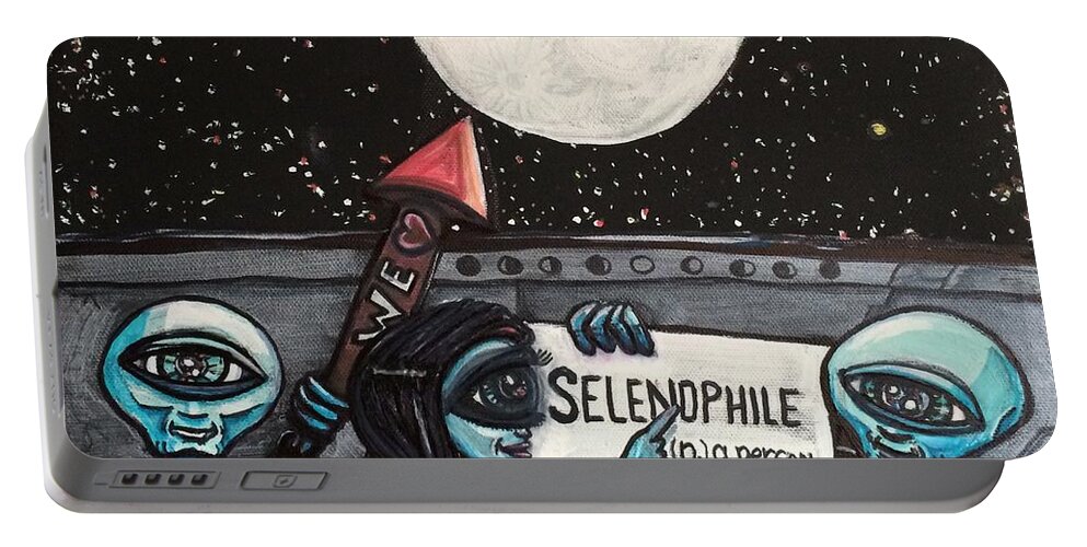 Moon Portable Battery Charger featuring the painting Alien Selenophiles by Similar Alien