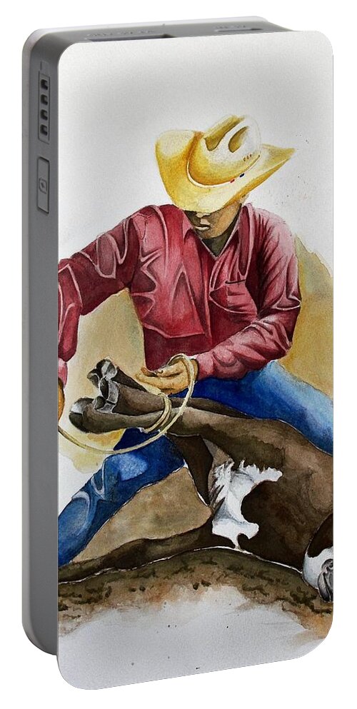 Calf Portable Battery Charger featuring the painting All Cinched Up by Jimmy Smith