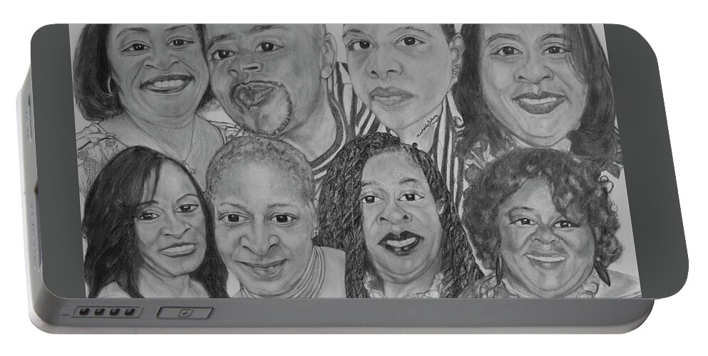 Graphite Portable Battery Charger featuring the drawing All Of Us by Michelle Gilmore