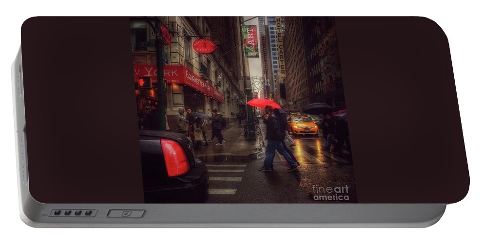 Umbrella Portable Battery Charger featuring the photograph All That Jazz. New York in the Rain. by Miriam Danar