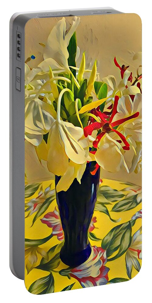 #alohabouquetoftheday #whiteginger #flowersofaloha #newhue Portable Battery Charger featuring the photograph Aloha Bouquet of the Day - White Gingert with Red Orchids - a New Hue by Joalene Young