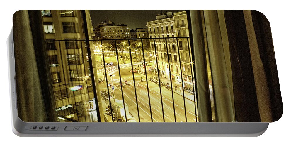 Cityscape Portable Battery Charger featuring the photograph Alone at Midnight in Barcelona by Becqi Sherman