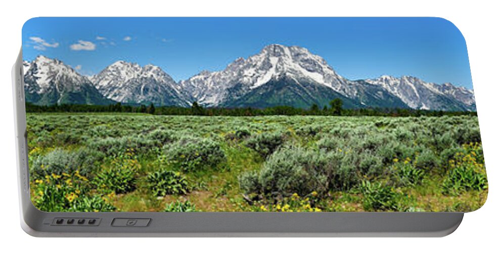 Tetons Portable Battery Charger featuring the photograph Alpine Meadow Teton Panorama by Greg Norrell