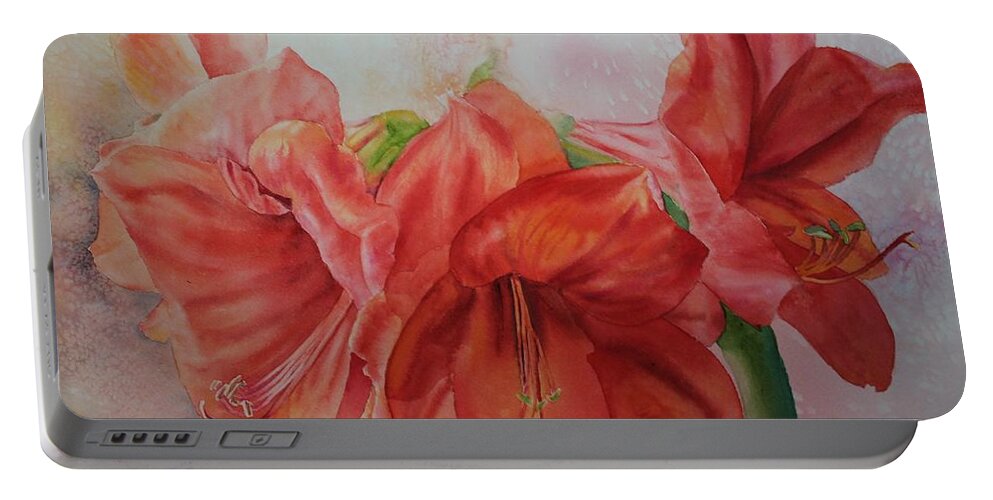 Flowers Portable Battery Charger featuring the painting Amarylis by Ruth Kamenev