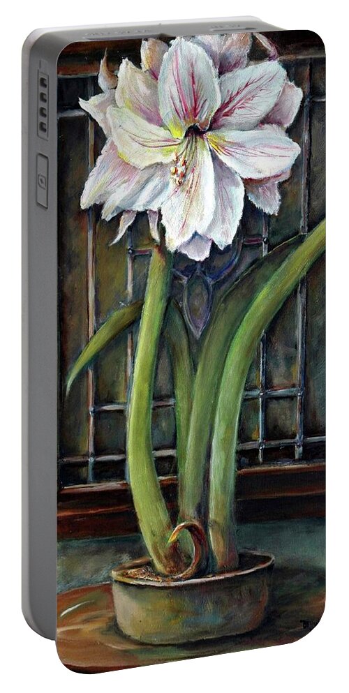 Amaryllis Window Stain Glass White Magenta Green Vase Portable Battery Charger featuring the painting Amaryllis In The Window by Bernadette Krupa