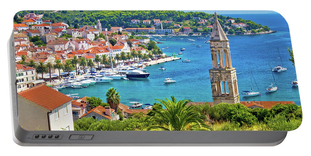 Panorama Portable Battery Charger featuring the photograph Amazing town of Hvar harbor aerial view by Brch Photography