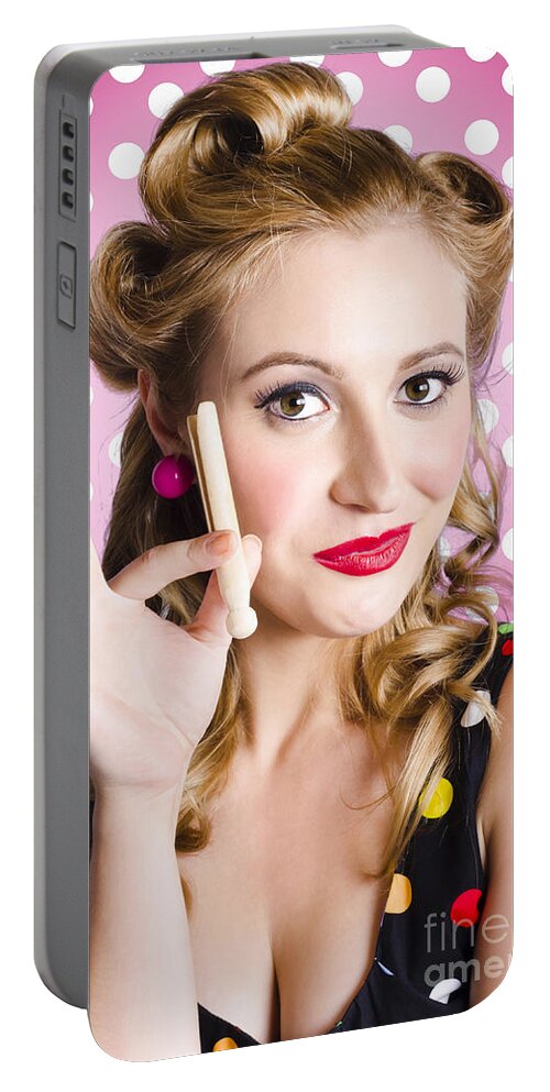 Bathroom Portable Battery Charger featuring the photograph Amercian pinup girl with laundry peg by Jorgo Photography