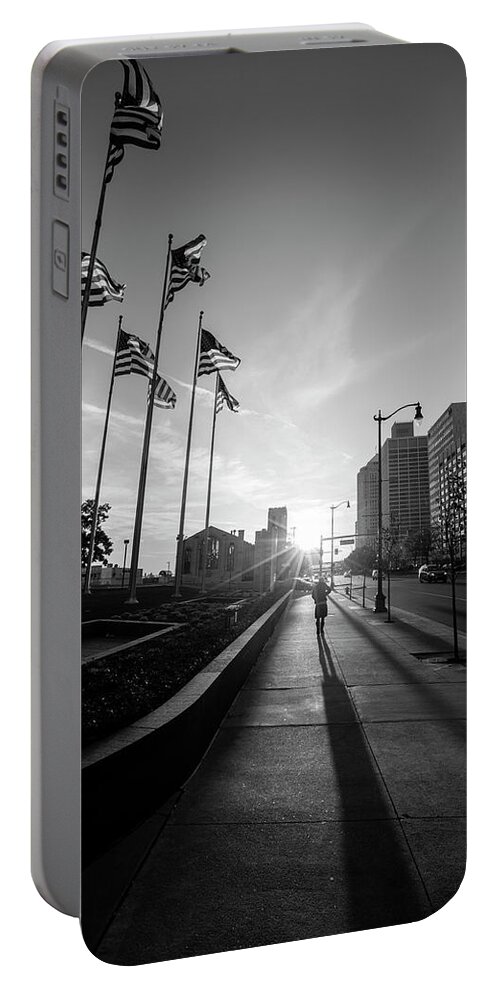 Detroit Portable Battery Charger featuring the photograph American Flags Detroit Black and White by John McGraw