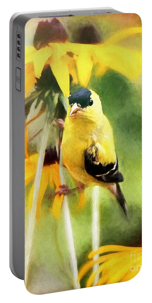American Goldfinch Portable Battery Charger featuring the mixed media American Goldfinch by Tina LeCour