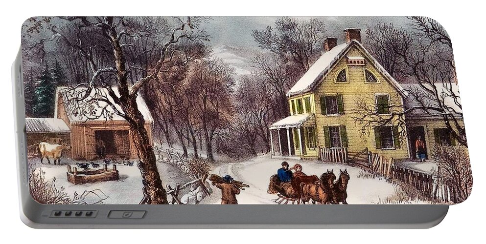 Winter Scene Portable Battery Charger featuring the painting American Homestead by Currier and Ives