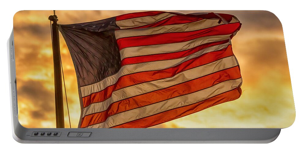 Flag Portable Battery Charger featuring the photograph American Sunset On Fire by James BO Insogna