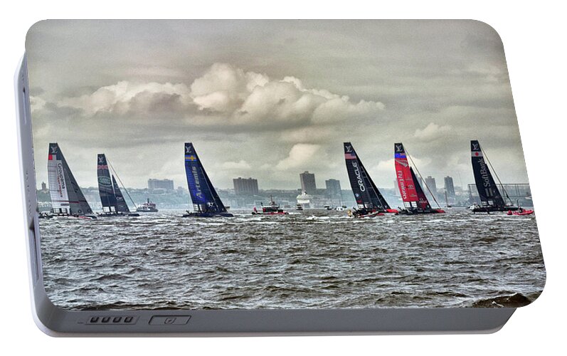 Artemis Portable Battery Charger featuring the photograph America's Cup Contestants in New York Harbor, May 2016 by Sandy Taylor
