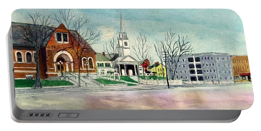 Amesbury Portable Battery Charger featuring the painting Amesbury Public Library circa 1920 by Anne Sands