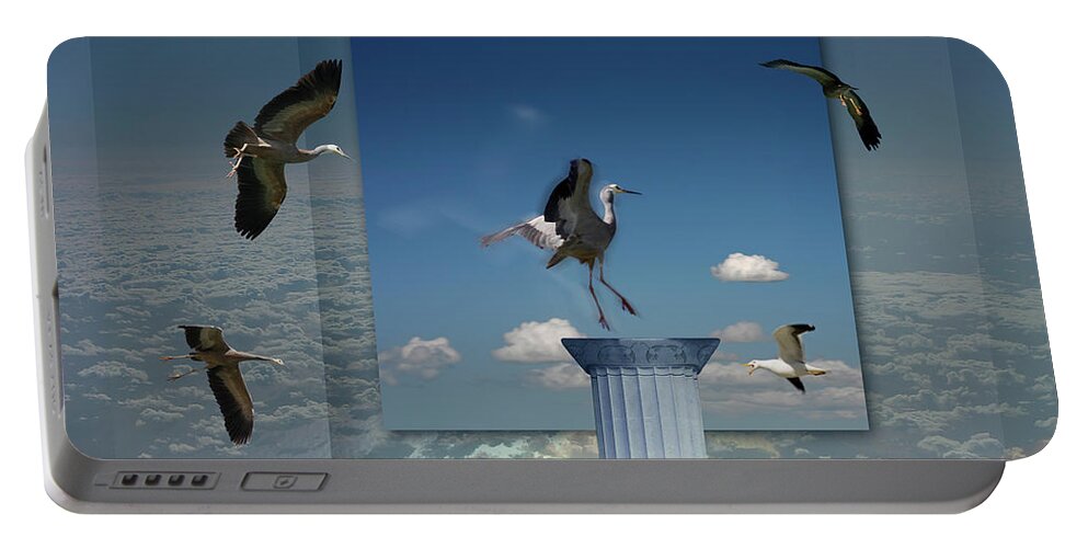 Digital Photo Art Portable Battery Charger featuring the digital art AMIDST THE CLOUDS OF MANY WITNESSES - An allegory and the Heron by Ian Anderson