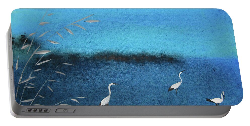 Egret Portable Battery Charger featuring the painting Amidst The Rain and Gloom by Oiyee At Oystudio