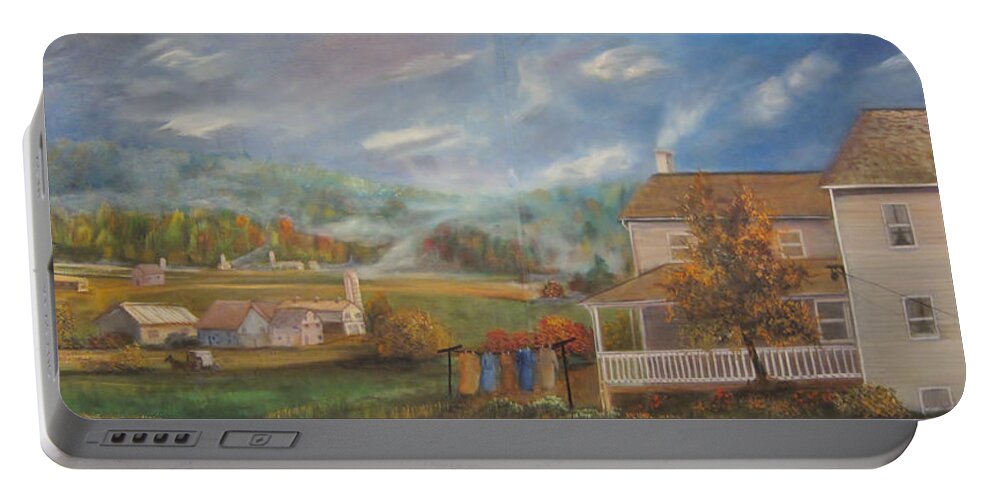 Landscape Portable Battery Charger featuring the painting Amish Farm by Sherry Strong