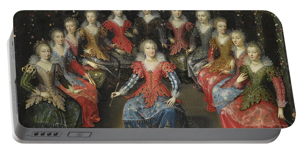 Attributed To Claude Deruet Portable Battery Charger featuring the painting An Allegory of Love? Twelve Noblewomen seated in a Garden, each holding an Arrow by Attributed to Claude Deruet