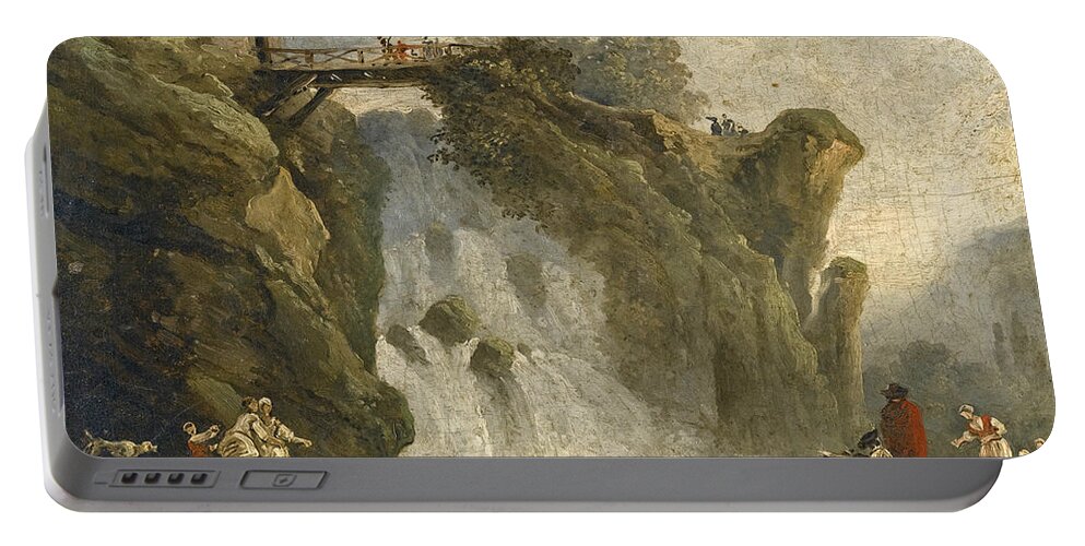 Hubert Robert Portable Battery Charger featuring the painting An Artist sketching with other Figures beneath a Waterfall by Hubert Robert