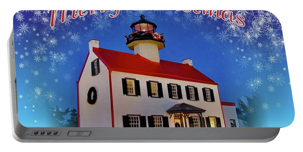 East Point Lighthouse Portable Battery Charger featuring the mixed media An East Point Lighthouse Merry Christmas 2 by Nancy Patterson