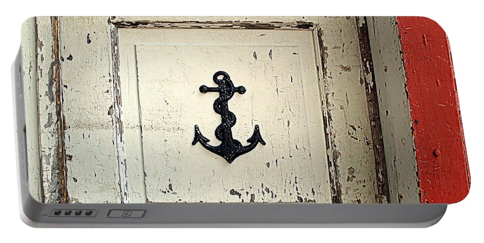 Door Portable Battery Charger featuring the photograph Anchor on Old Door by Kathy Barney