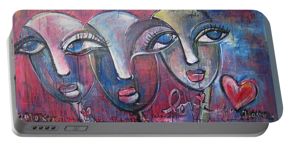 Hearts Portable Battery Charger featuring the painting And Then There Were Three by Laurie Maves ART