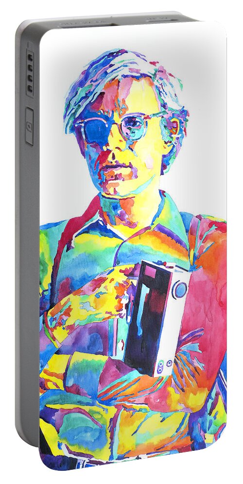 Andy Warhol Portable Battery Charger featuring the painting Andy Warhol - Media Man by David Lloyd Glover
