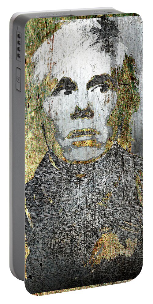 Metal Portable Battery Charger featuring the mixed media Andy Warhol by Tony Rubino