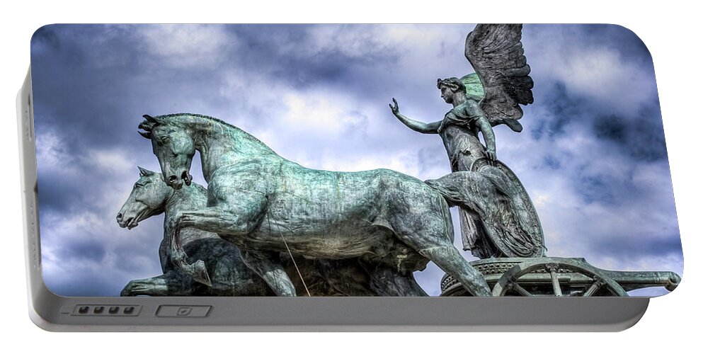Edited Portable Battery Charger featuring the photograph Angel and Chariot with Horses by Sonny Marcyan