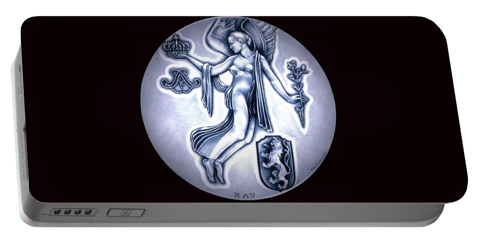 Coin Portable Battery Charger featuring the drawing Angelic Belgium Royal Crown by Fred Larucci